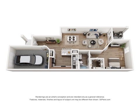 A 3D floor plan of a house with a kitchen, living room, and two bedrooms.